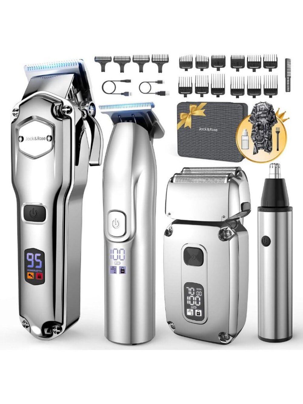 Professional Cordless Hair Clippers Set for Men - 4-in-1 Trimmer with LED